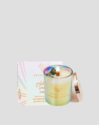 Soy candle with rainbow fluorite and pink champagne in a glass container Crystallove_3 - 3