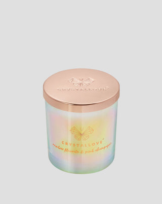 Soy candle with rainbow fluorite and pink champagne in a glass container Crystallove - 1